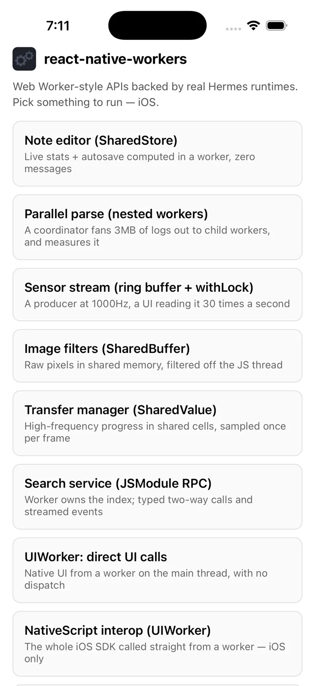 The example app's home list, with a screen for each feature: note editor, parallel parse, sensor stream, image filters, transfer manager, search service, UIWorker and NativeScript interop