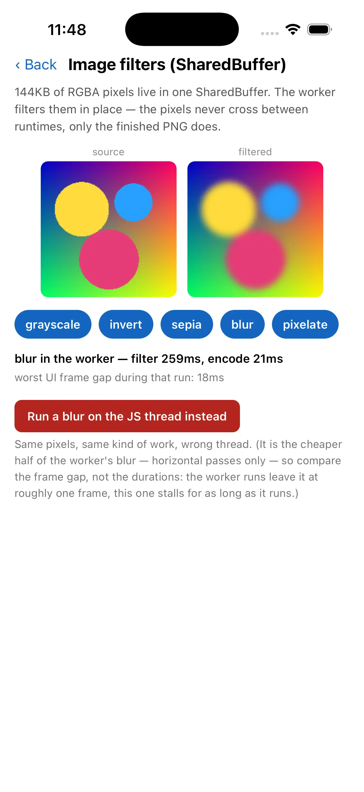 The image-filters screen showing a source and a blurred image side by side, with a line reading 'blur in the worker — filter 254ms, encode 22ms' and 'worst UI frame gap during that run: 17ms'
