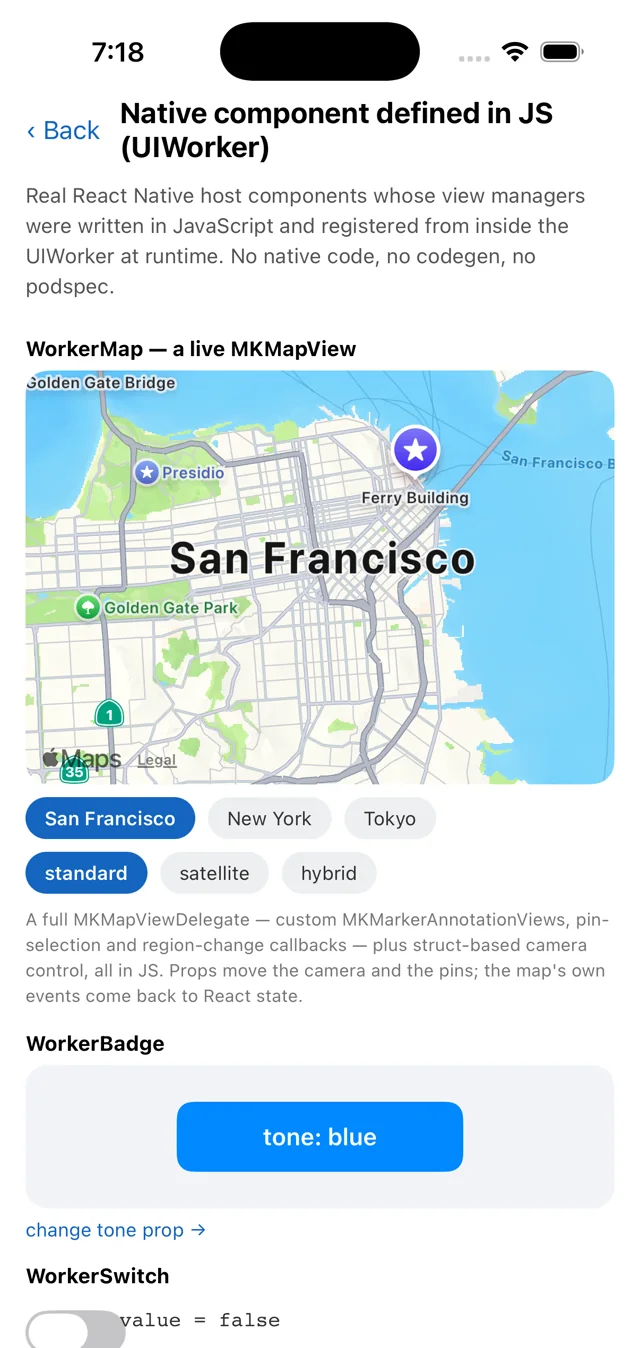 A live MKMapView with custom pins rendered by a view manager that was written in JavaScript and registered from a UIWorker