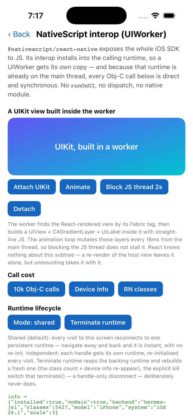 The NativeScript interop screen: a gradient UIKit view reading 'UIKit, built in a worker', with a log showing interop installed, onMain=true, and 5427 Obj-C classes reachable from the worker runtime