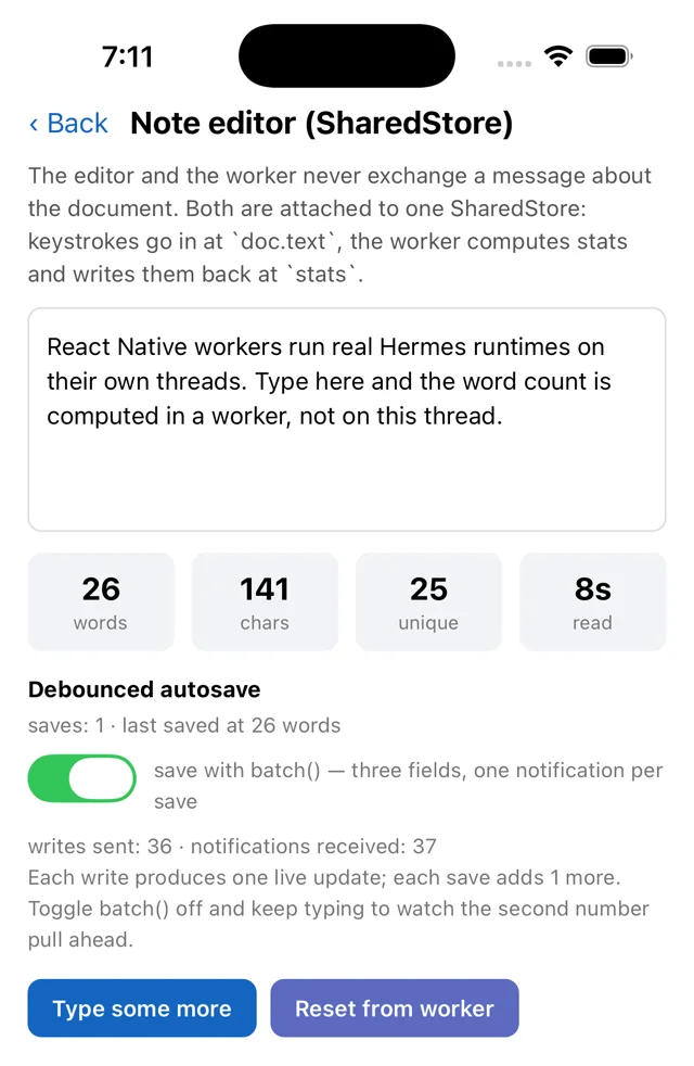 A note editor whose word, character, unique-word and reading-time stats are computed in a worker through a SharedStore, with a debounced autosave