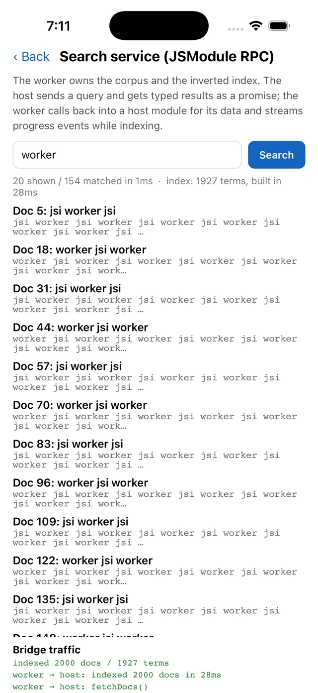 A search screen listing matches from a 2000-document inverted index built inside a worker in 28ms, with a log of the worker calling back into the host