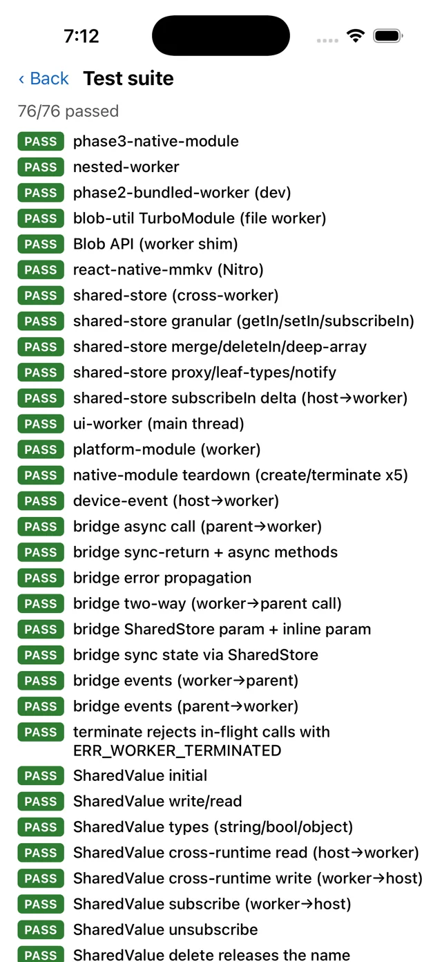 The example app's test suite screen showing 76 of 76 tests passed, covering workers, native modules, the RPC bridge and the shared primitives