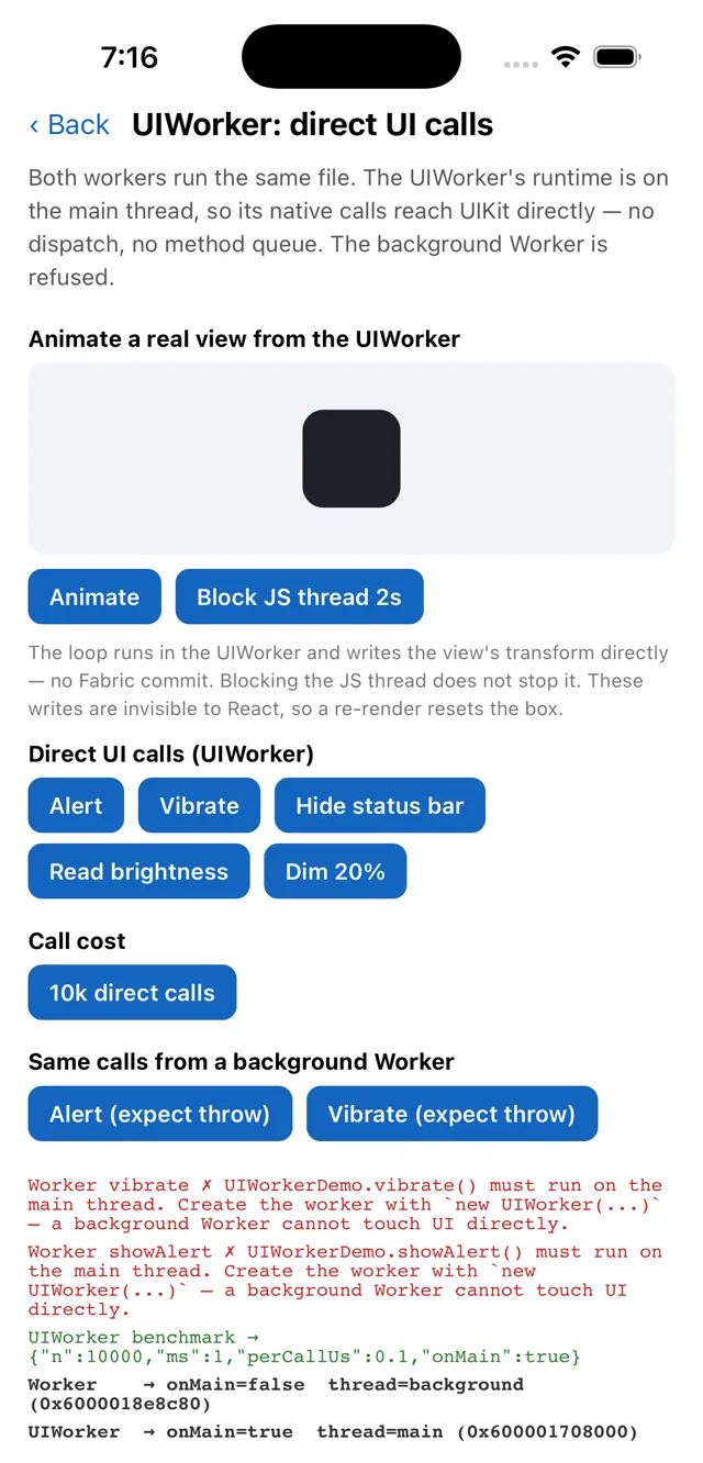 UIWorker demo screen: 10,000 direct Obj-C calls at 0.1µs per call with onMain=true, and the same calls from a background Worker refused with an error